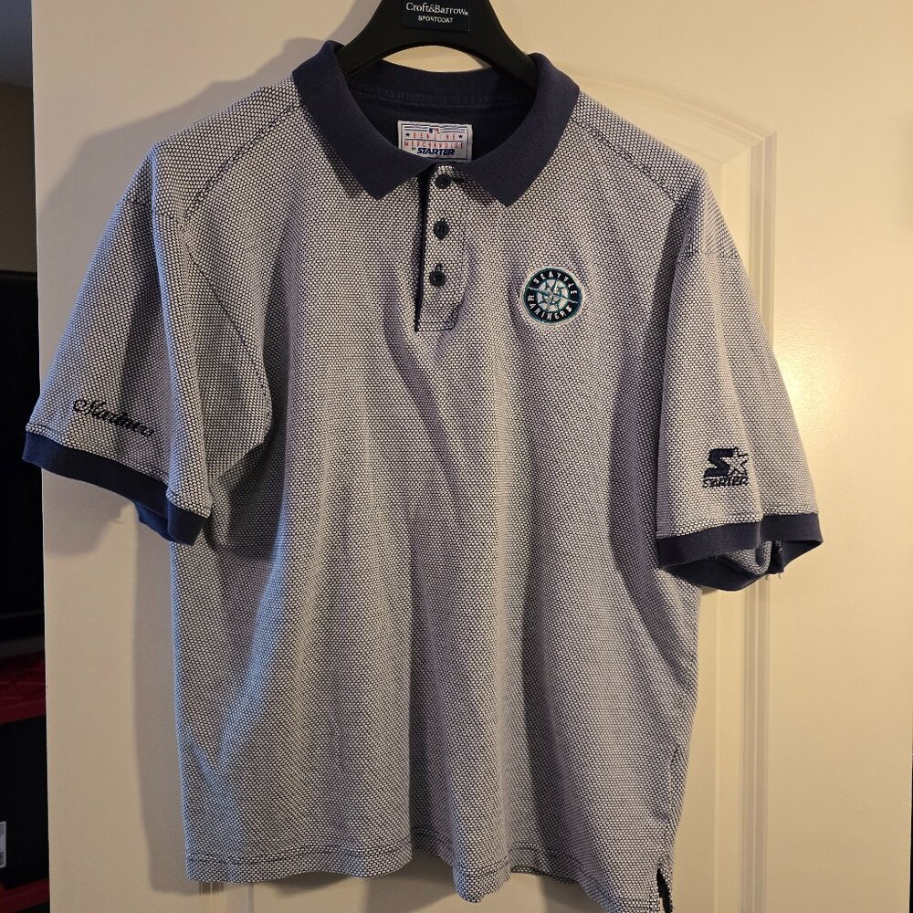 Vintage Starter MLB Seattle Mariners Knit Polo Shirt Blue White Mens Large